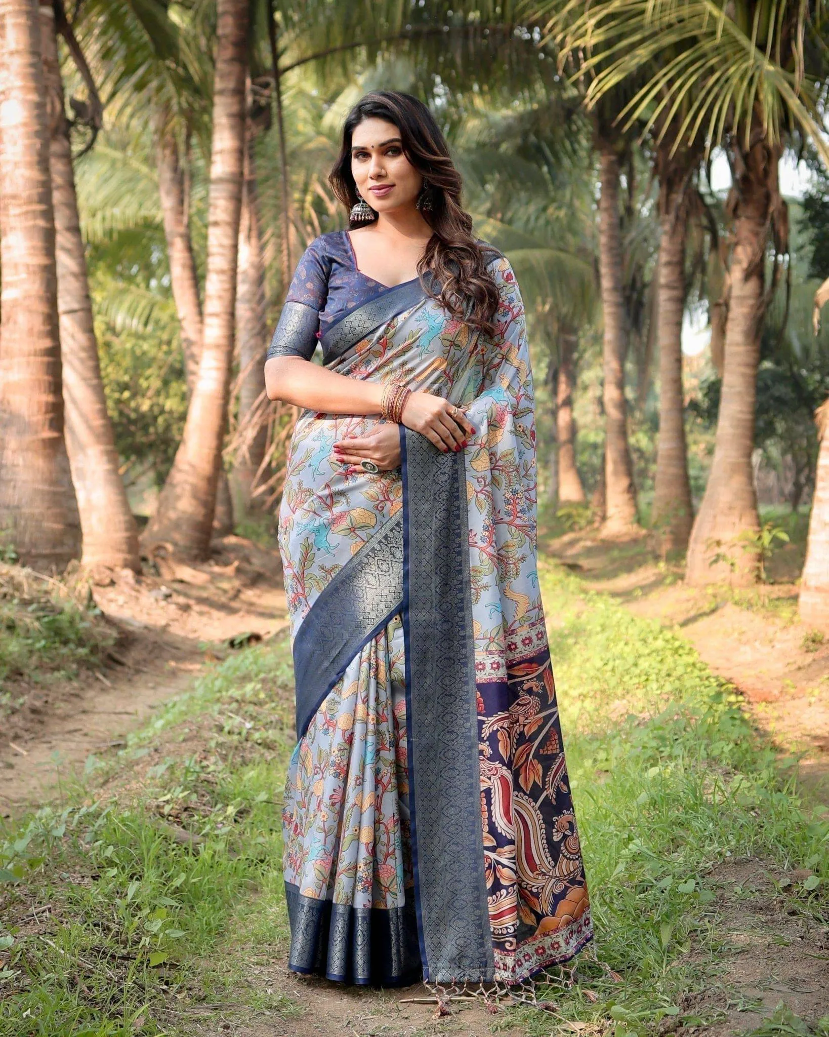 Sky Blue and Navy Digital Print Banarasi Silk Saree with Zari Woven Border and Floral Motif Pallu