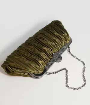 Unique Vintage Deco Style Olive Green Satin Ruched Top Frame Clutch