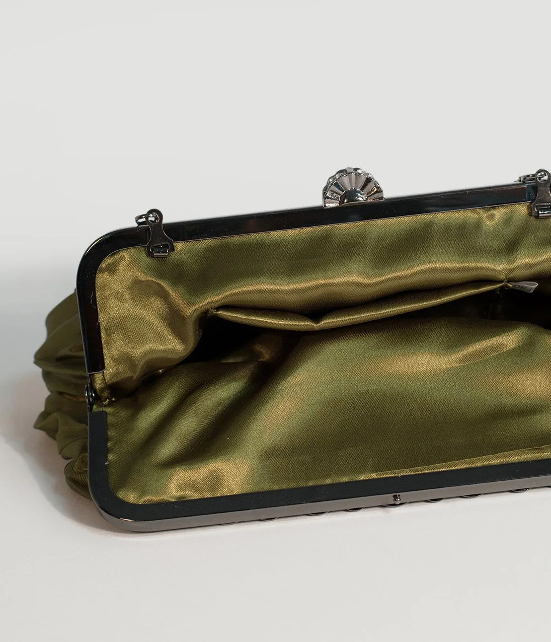 Unique Vintage Deco Style Olive Green Satin Ruched Top Frame Clutch