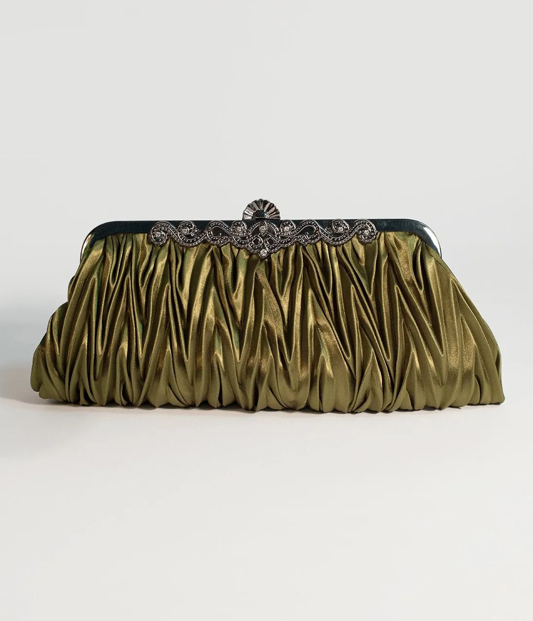 Unique Vintage Deco Style Olive Green Satin Ruched Top Frame Clutch